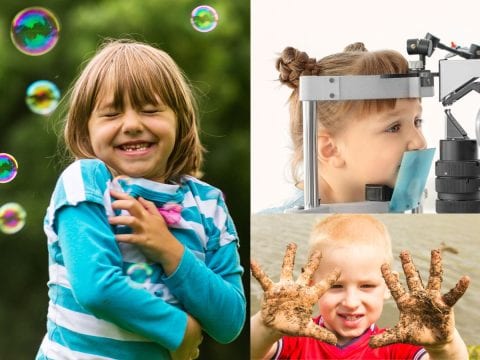 Child Eye Specialist in Mumbai - Image contains 3 photos of Children, a photo with happy child playing in nature, other photo of small girl having check up with child eye specialist, in another photo child playing outside and having handful of mud.